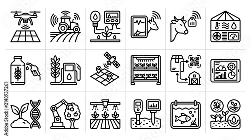 Smart farming and modern agriculture technology thin line icons set
