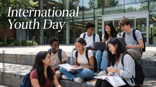 International Youth Day – Multiethnic Students Studying Together on Outdoor Library Steps, Education and Empowerment Concept
