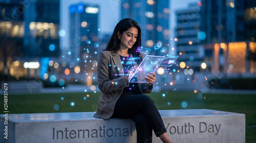 Confident Young South Asian Woman Using Holographic Tablet in Urban Park at Twilight, Digital Empowerment and International Youth Day Concept