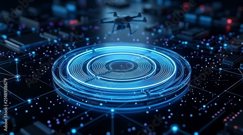 Autonomous drone hovering over futuristic glowing circular wireless charging pad platform