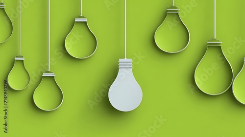 Hanging 3D light bulb outlines with one solid white bulb standing out on green background