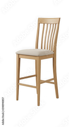 Elegant wooden bar stool with beige cushion isolated on transparent background