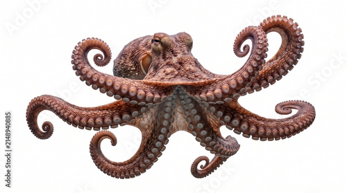 Bild auf Leinwand Giant octopus with curled tentacles on white background, brown marine cephalopod