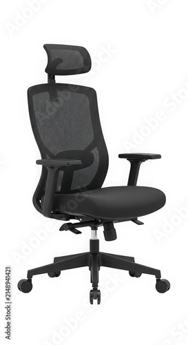 Black ergonomic office chair with mesh back isolated on transparent surface