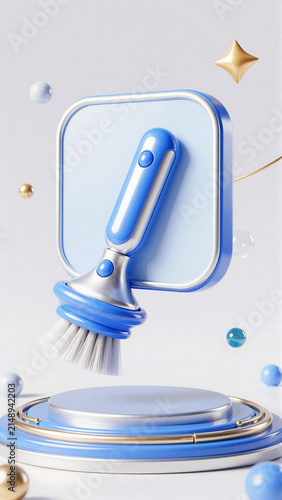 Blue 3D Cleaning Brush Icon Floating on a Pedestal Display