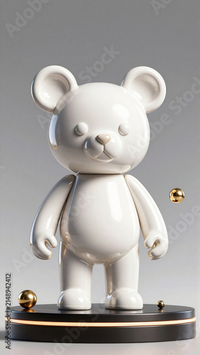 Glossy White Bear Figurine on a Modern Black Pedestal