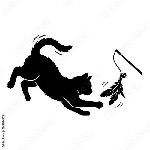 Cat silhouette playing with toy feather for pet shop and animal design.