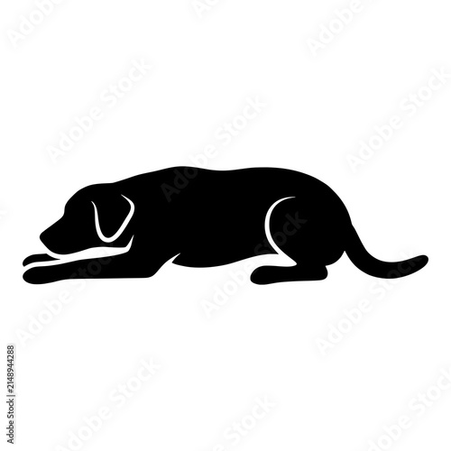 Dog lying down resting paws forward in black silhouette on white background.