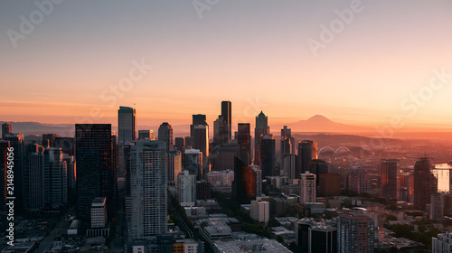 Soft Sunrise Over Seattle Skyline Showcasing Urban Landscape and Natural Beauty in Morning Light