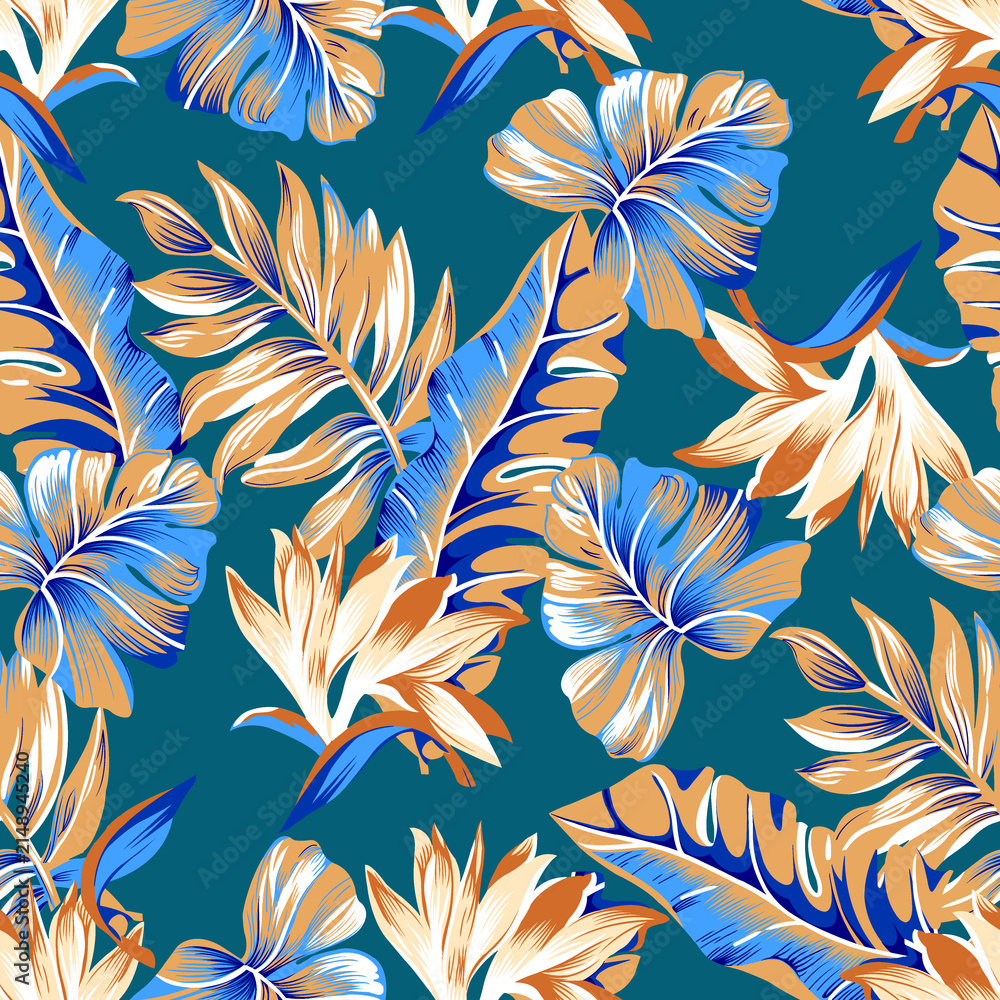 Vibrant Blue and Gold Floral Pattern Seamless Textile Background Design