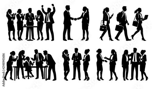 Professional Business People Silhouettes Bundle with Corporate Workers Handshake Celebration and Walking Poses