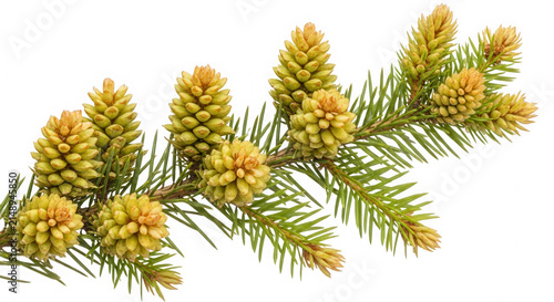 Fresh spruce tree branch with small green cones in the spring season isolated on transparent background