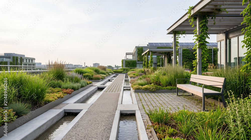 Fototapeta premium Rainwater harvesting green roof garden plaza sustainable urban water design native planting copy space