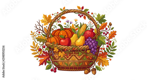 Bild auf Leinwand Autumn Harvest Basket with Fruits and Vegetables