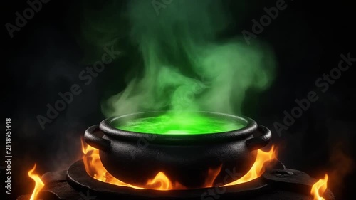 A black cauldron bubbling with glowing green potion, thick smoke curling upward and dissolving into the dark background, warm firelight flickering on the cauldron's rim, moody close-up shot, seamless