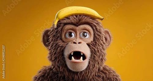 Cute cartoon monkey wearing banana hat close up studio portrait