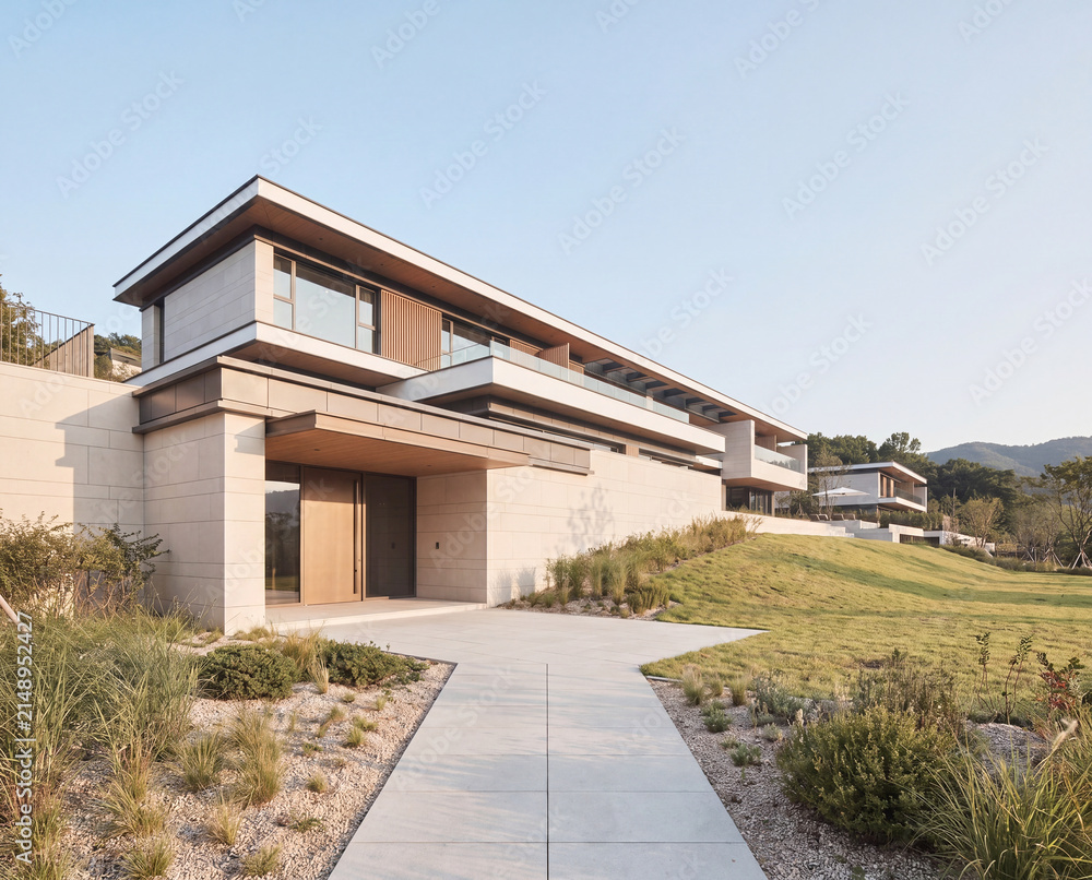 Fototapeta premium Contemporary architectural interior with refined materials and natural light