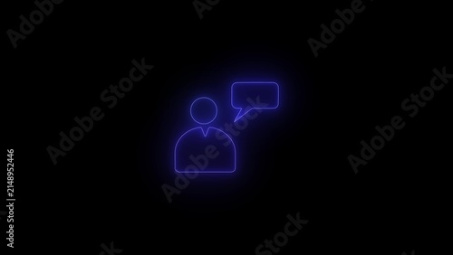 Glowing purple neon person icon with speech bubble on black background.