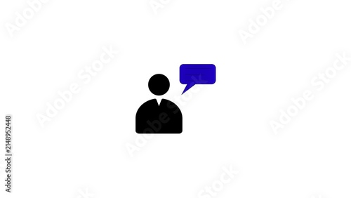 Black person silhouette icon with blue speech bubble on white background.