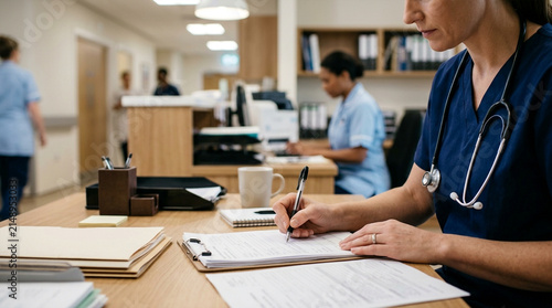 Dedicated medical professional writing patient notes in clinic office workflow