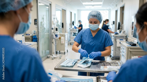 Dedicated medical professional preparing sterile instruments for a surgical procedure in hospital corridor