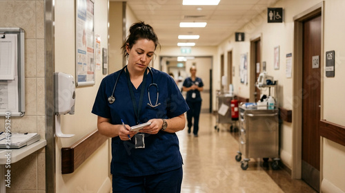 Dedicated medical worker in blue scrubs walking through a hospital corridor with documents