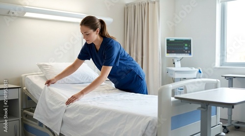 Dedicated nurse making a hospital bed with fresh linens in a bright patient room