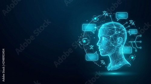 Abstract digital wireframe human head with connecting lines and data nodes technology concept artificial intelligence technology cybernetics innovation computing
