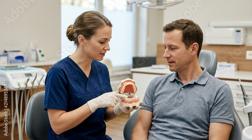 Dentist explaining dental hygiene to male patient with realistic jaw model in clinic office