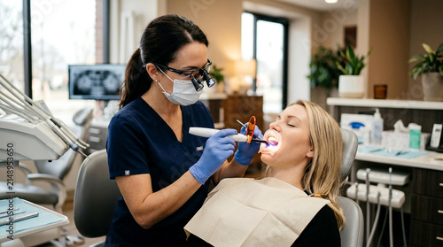 Dentist with magnifying glasses performing a procedure on a patient in a modern clinic