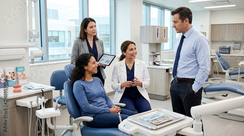 Dental team consulting with a smiling patient in a bright modern clinic