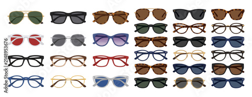  Collection of various sunglasses and eyeglasses. Set of modern eyewear frames on white background