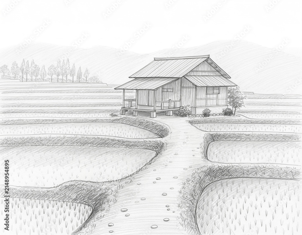 Fototapeta premium Peaceful Countryside Landscape Pencil Sketch