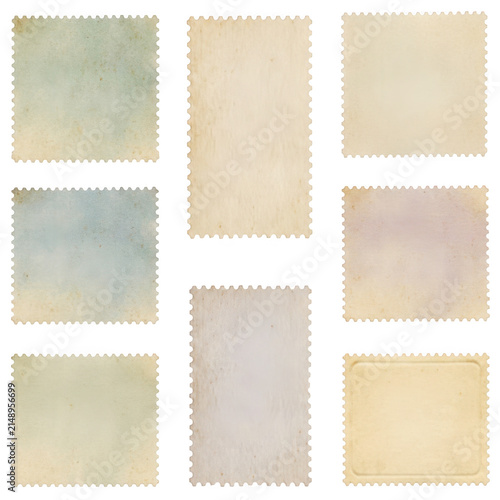 Set of vintage postage stamps with aged paper texture and soft watercolor colors