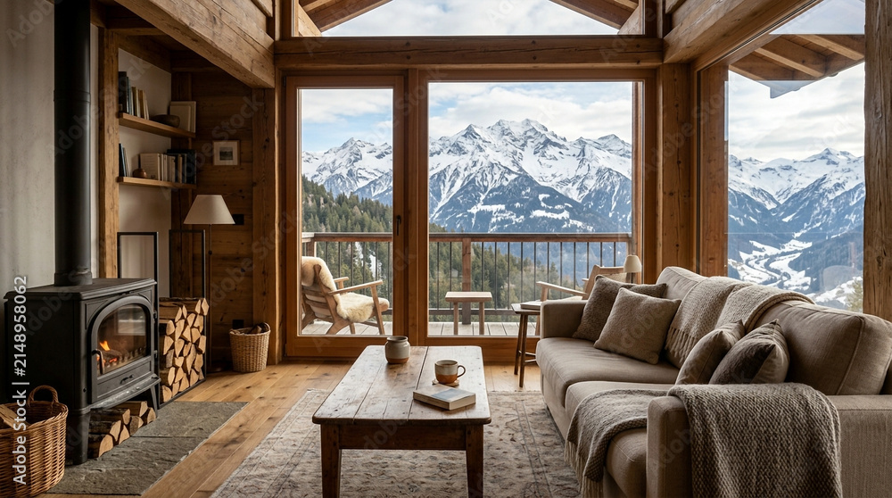 Fototapeta premium Cozy rustic mountain chalet living room with crackling fireplace and stunning snowy alpine view