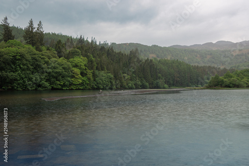 River Tummel landscape on cloudy rainy day in May, Pitlochry, Scotland