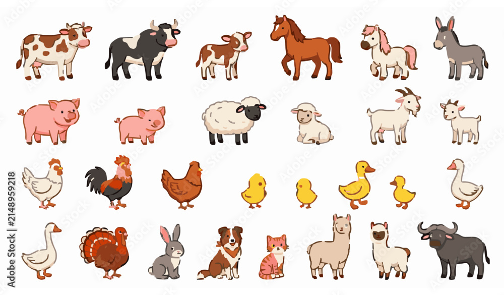 Naklejka premium Cute Farm Animals Cartoon Vector Collection