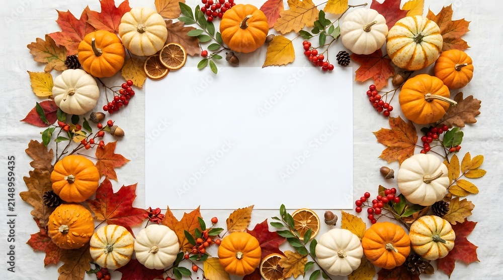 Fototapeta premium Autumn wreath of pumpkins and colorful fall leaves on white background