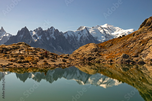 Chamonix, France - 19.09.2025: Majestic Mont Blanc Massif and Glaciers Reflected in the Still Waters of Lac Blanc