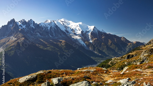 Chamonint, France - 19.09.2025: Panoramic view of the snow-capped Mont Blanc massif and glaciers under a clear blue sky