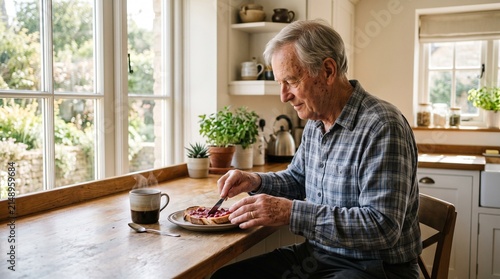 Senior man enjoying breakfast with toast and coffee in a bright home kitchen