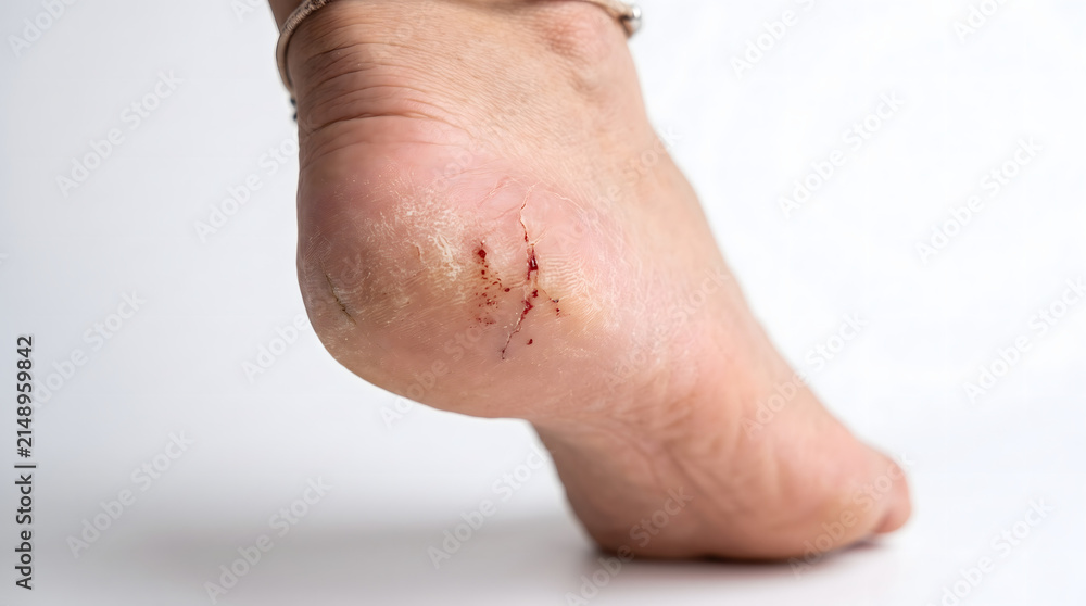 Fototapeta premium Cracked heel with painful bleeding wound on dry skin close up isolated on white background. AI generated. 