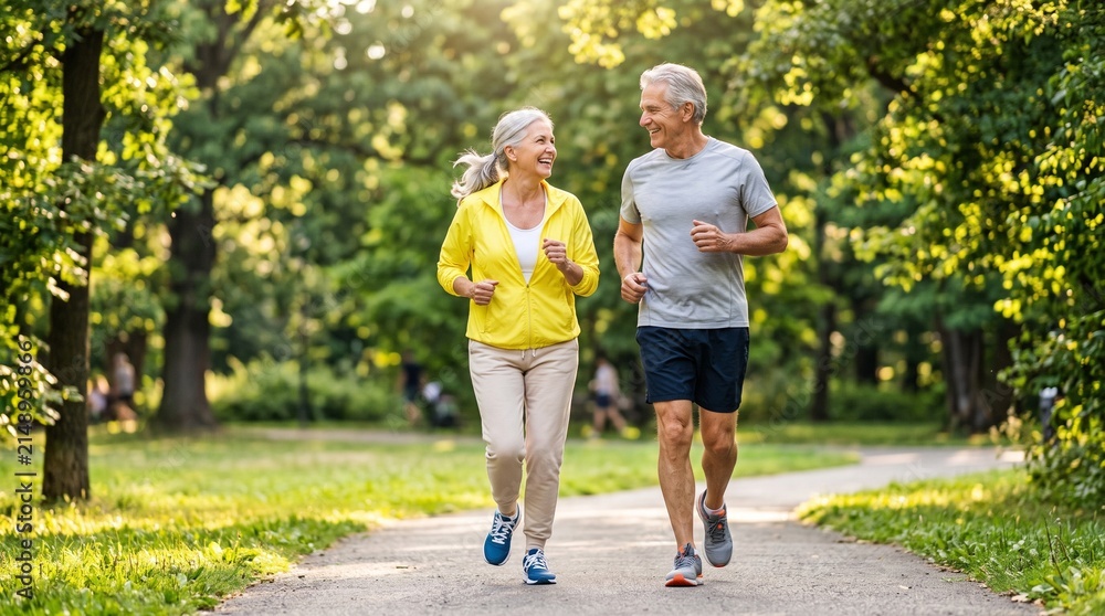 Fototapeta premium Happy senior couple jogging together in a green park enjoying an active lifestyle