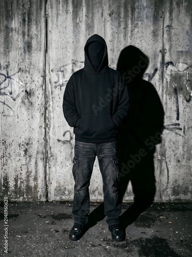 Anonymous person in black hoodie casting a long shadow on a gritty urban wall