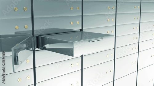 Close view of a secure safe deposit box wall as one metallic drawer slides outward and opens, revealing the empty interior of a bank vault storage compartment in 3D render