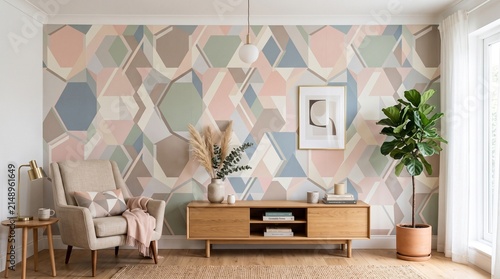 Bright modern living room with abstract geometric pastel wallpaper and minimalist decor