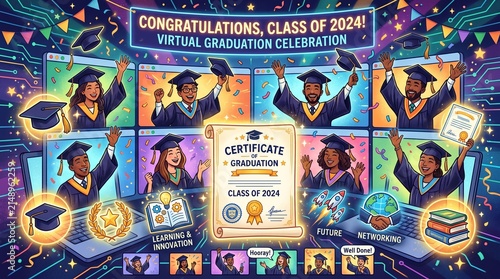 Virtual Graduation Ceremony Illustration Featuring Diverse Students Celebrating Online Success