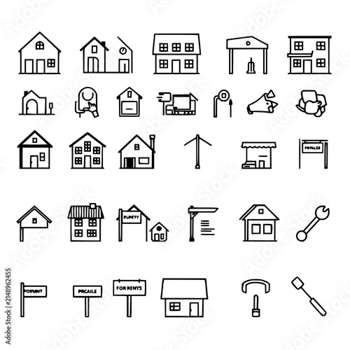 Real estate icon set with 24 minimalist monochrome symbols arranged in a 6x4 grid featuring houses, for sale signs, property management with line art and vector