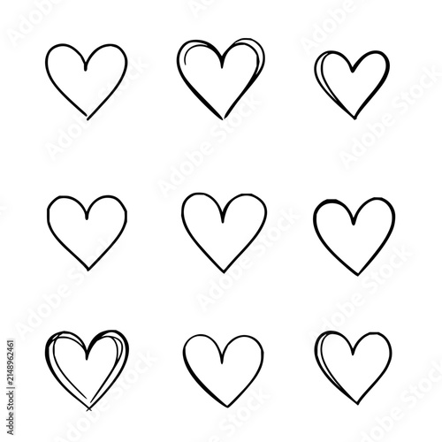 Nine stylized heart shapes arranged in a 3x3 grid, each with unique, hand-drawn variations in a vector illustration style. The hearts are black and white, with clean lines and subtle curves, set ag...