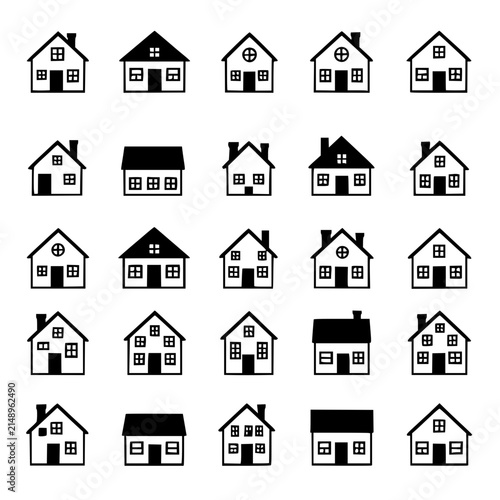 House icon set with 5x4 grid arrangement of diverse architectural styles featuring monochromatic blue, minimalist vector, icon design with symmetrical layout and clean white background